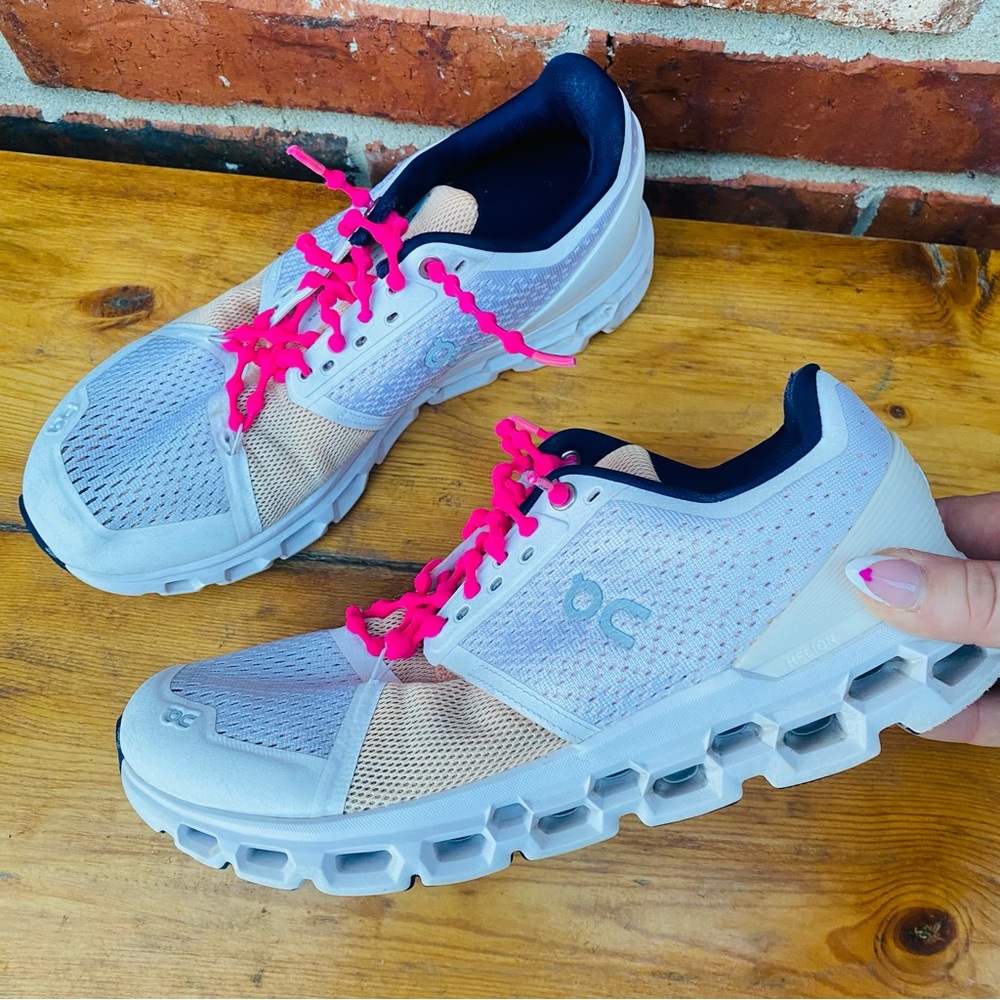 On Cloud | White & Navy Running Sneakers with Pink Laces 9.5